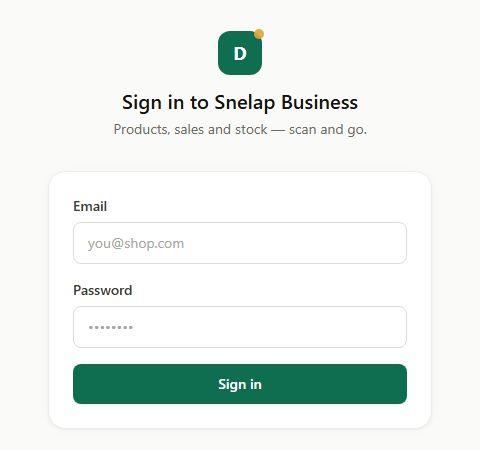 Snelap Business - Dukaan Manager sign-in screen